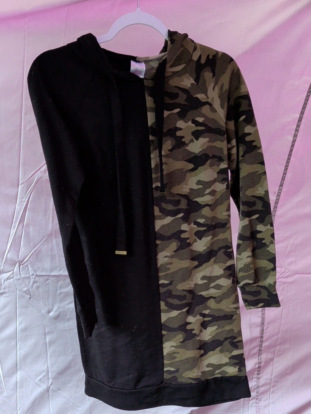 No Boundaries black and camo chimera hooded sweater dress